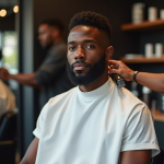 Jeune homme noir en coiffure taper dans un salon de coiffure