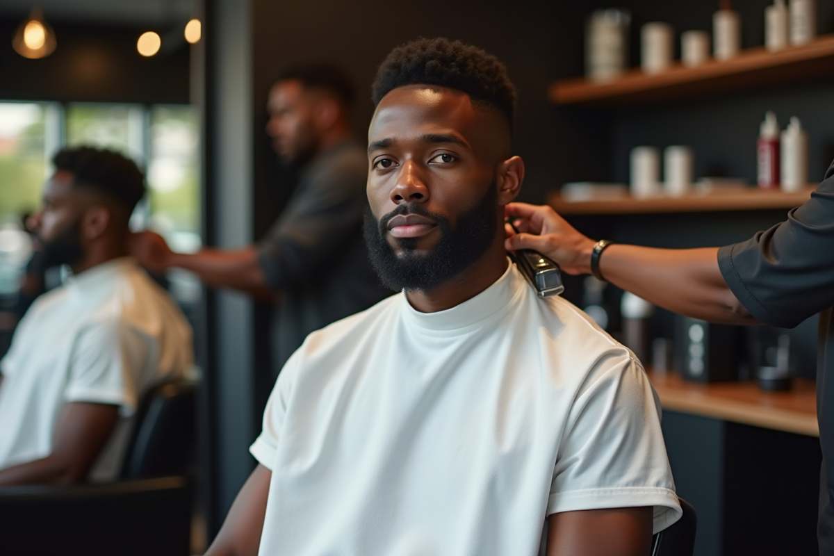 Jeune homme noir en coiffure taper dans un salon de coiffure