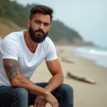 Homme barbu assis près de la mer avec tatouage tortue
