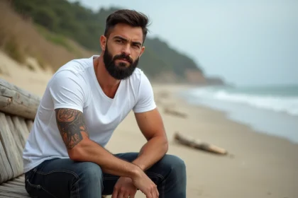 Homme barbu assis près de la mer avec tatouage tortue