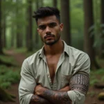 Jeune homme avec tatouages tribaux dans la forêt