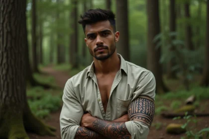 Jeune homme avec tatouages tribaux dans la forêt