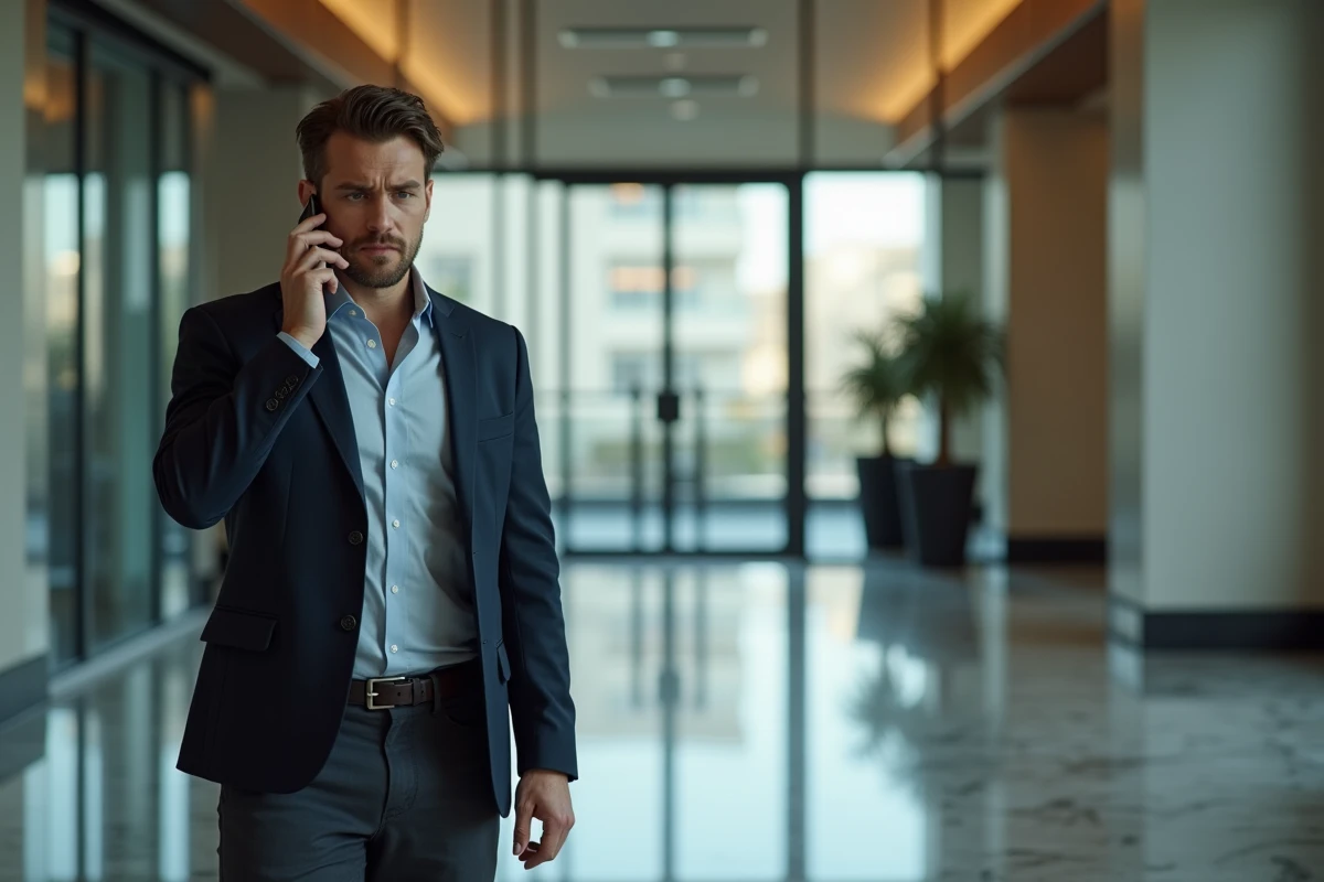 Homme daffaires parlant au téléphone dans un hall moderne