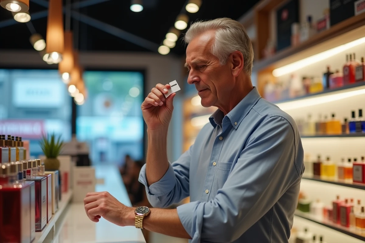 Homme testant un parfum dans une boutique cosmétique