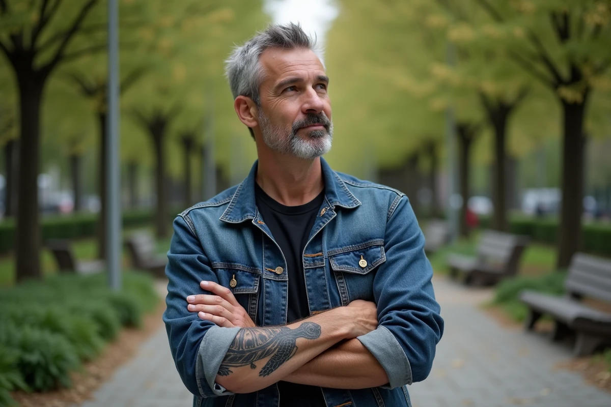 Homme en jean montrant tatouage tortue dans un parc urbain