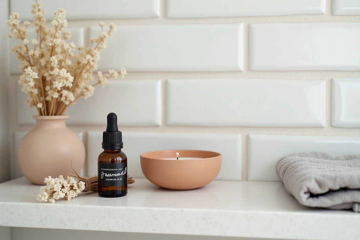 Huile essentielle de jasmin de Bali, fleurs séchées et bougie sur une étagère en pierre, produits naturels pour favoriser un sommeil paisible