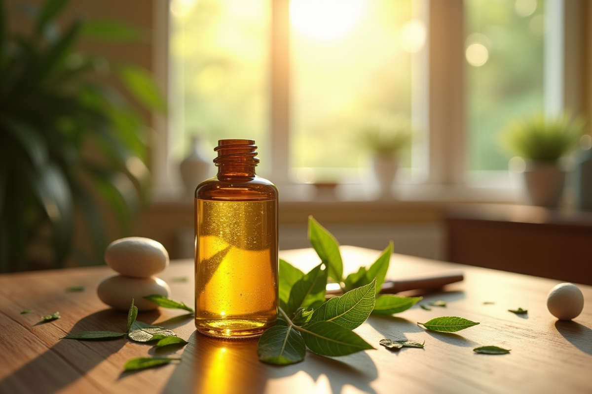 Bouteille d huile essentielle de ravintsara sur bois