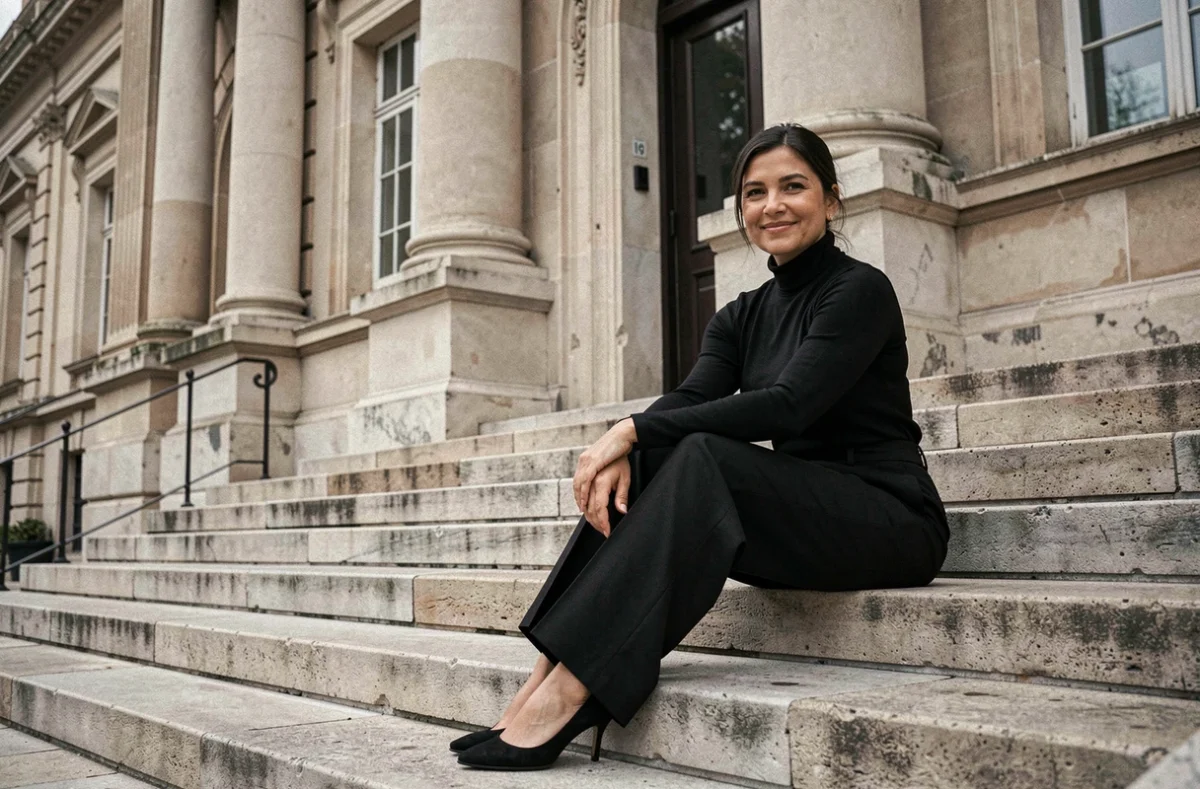 Femme mature et confiante assise sur les marches d'un bâtiment néoclassique européen, symbole de beauté et d'élégance durables