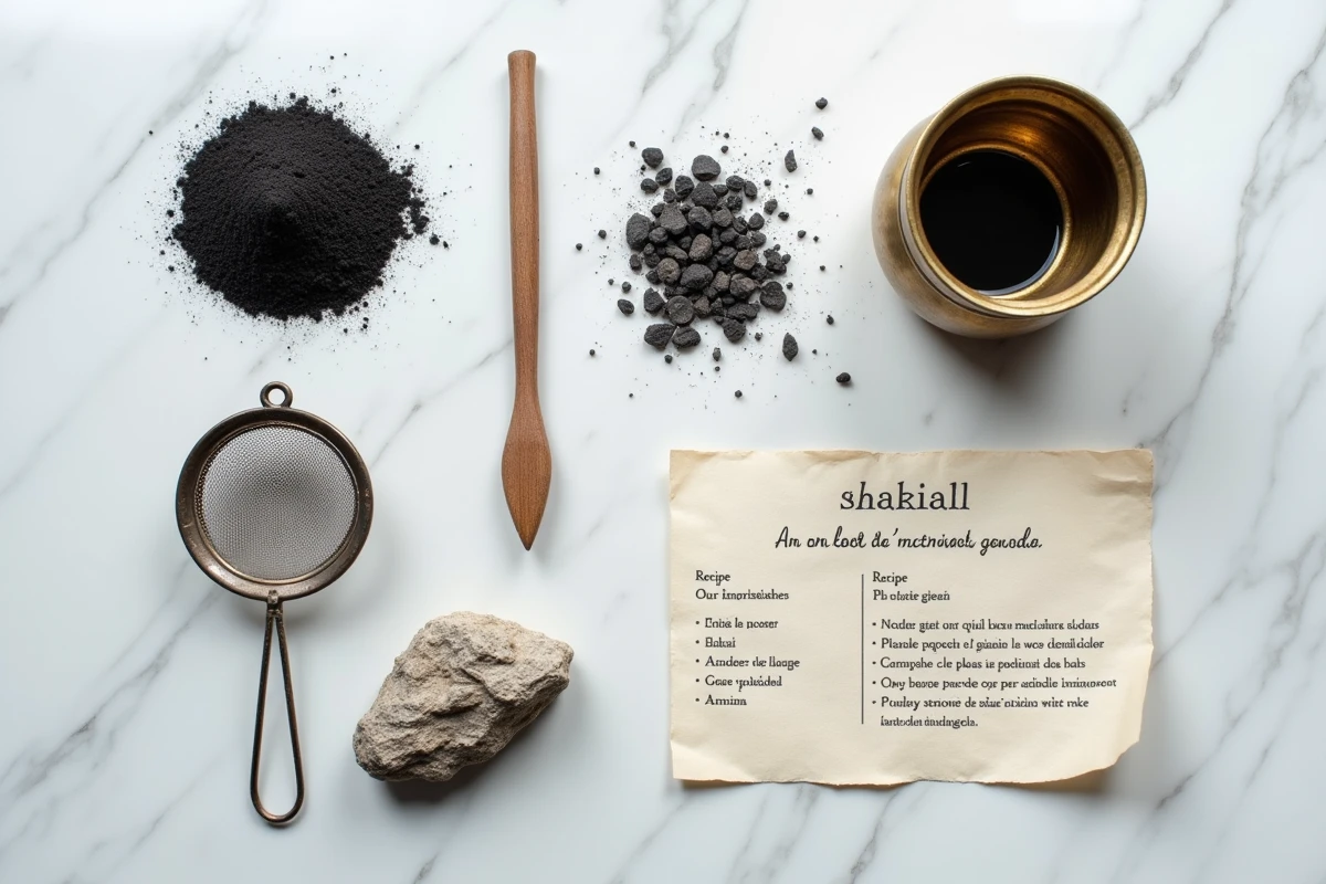 Vue de dessus des ingrédients et outils pour fabriquer du khôl maison disposés sur un marbre blanc avec une fiche recette manuscrite