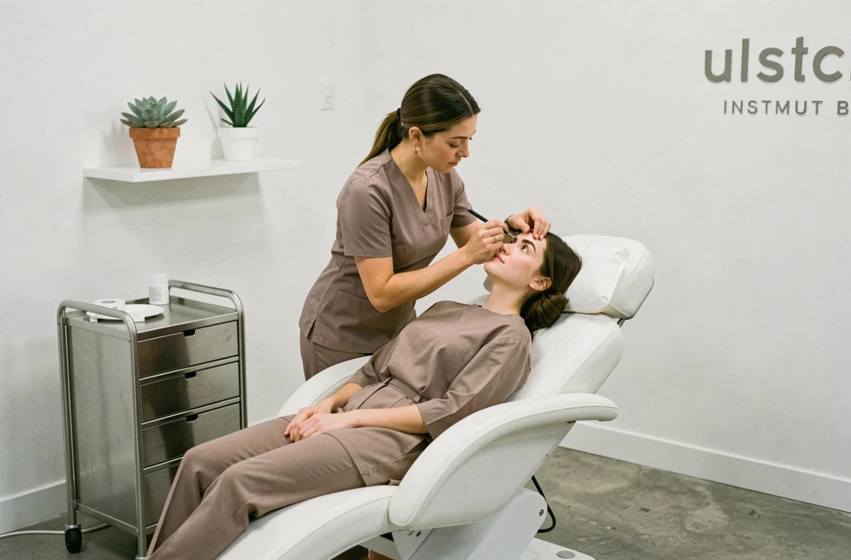 Esthéticienne réalisant un soin des sourcils sur une cliente dans le cadre contemporain de l'Institut Biche