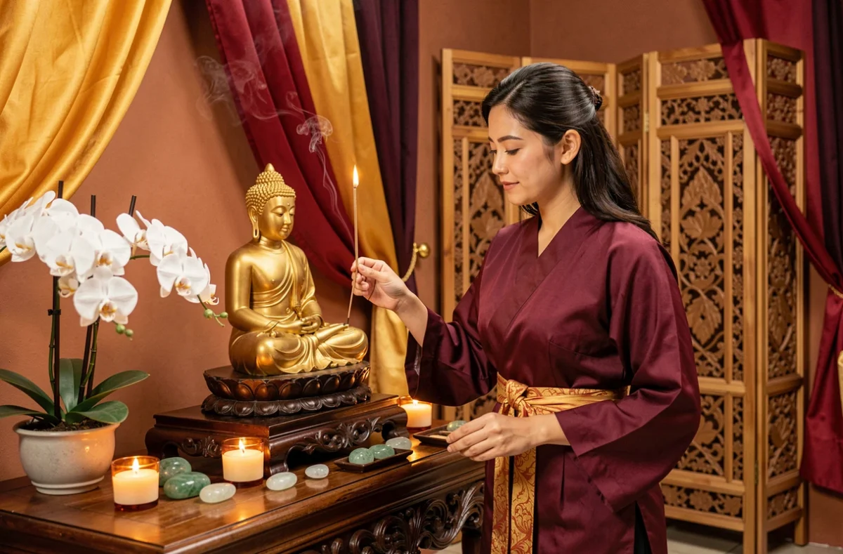Esthéticienne dans un cadre exotique et spirituel avec statue de Bouddha dorée évoquant l'Institut Golden Bouddha