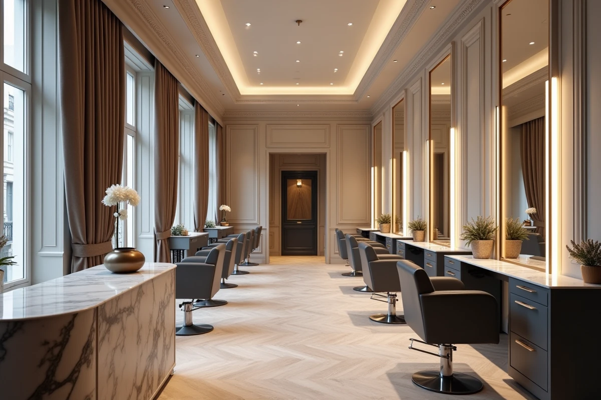 Intérieur d'un salon de coiffure parisien haut de gamme avec stations de coiffage symétriques et décor minimaliste élégant