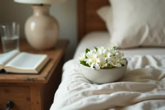Bol en céramique rempli de fleurs de jasmin de Bali posé sur une table de nuit en bois, ambiance chambre à coucher apaisante pour le sommeil naturel