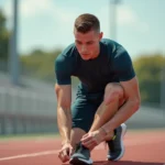 Jeune homme athlétique en train de lacer ses chaussures sur une piste