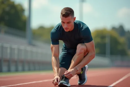 Jeune homme athlétique en train de lacer ses chaussures sur une piste