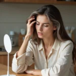 Jeune femme aux cheveux blancs prématurés examinant ses mèches argentées dans un miroir, signe possible de carences nutritionnelles