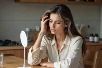 Jeune femme aux cheveux blancs prématurés examinant ses mèches argentées dans un miroir, signe possible de carences nutritionnelles