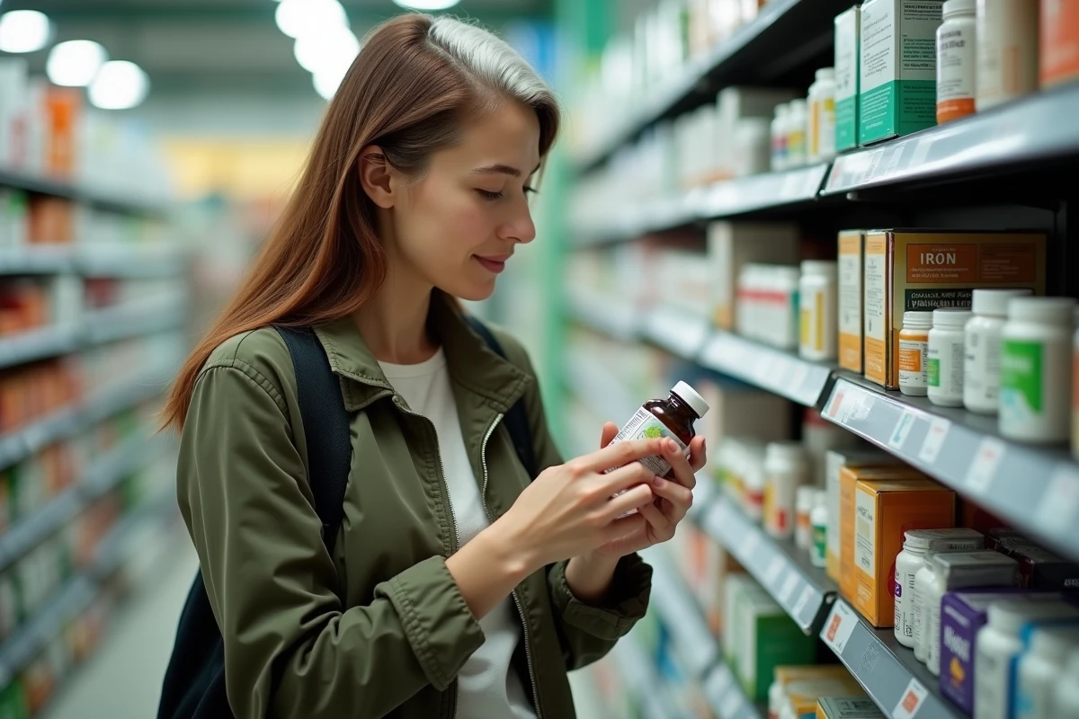Jeune femme avec des cheveux blancs à la tempe lisant l'étiquette d'un complément en fer et vitamine B12 en pharmacie