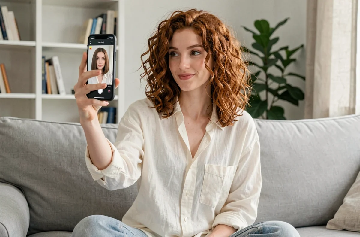 Jeune femme testant une coupe de cheveux en ligne avec une application d'essayage virtuel sur smartphone