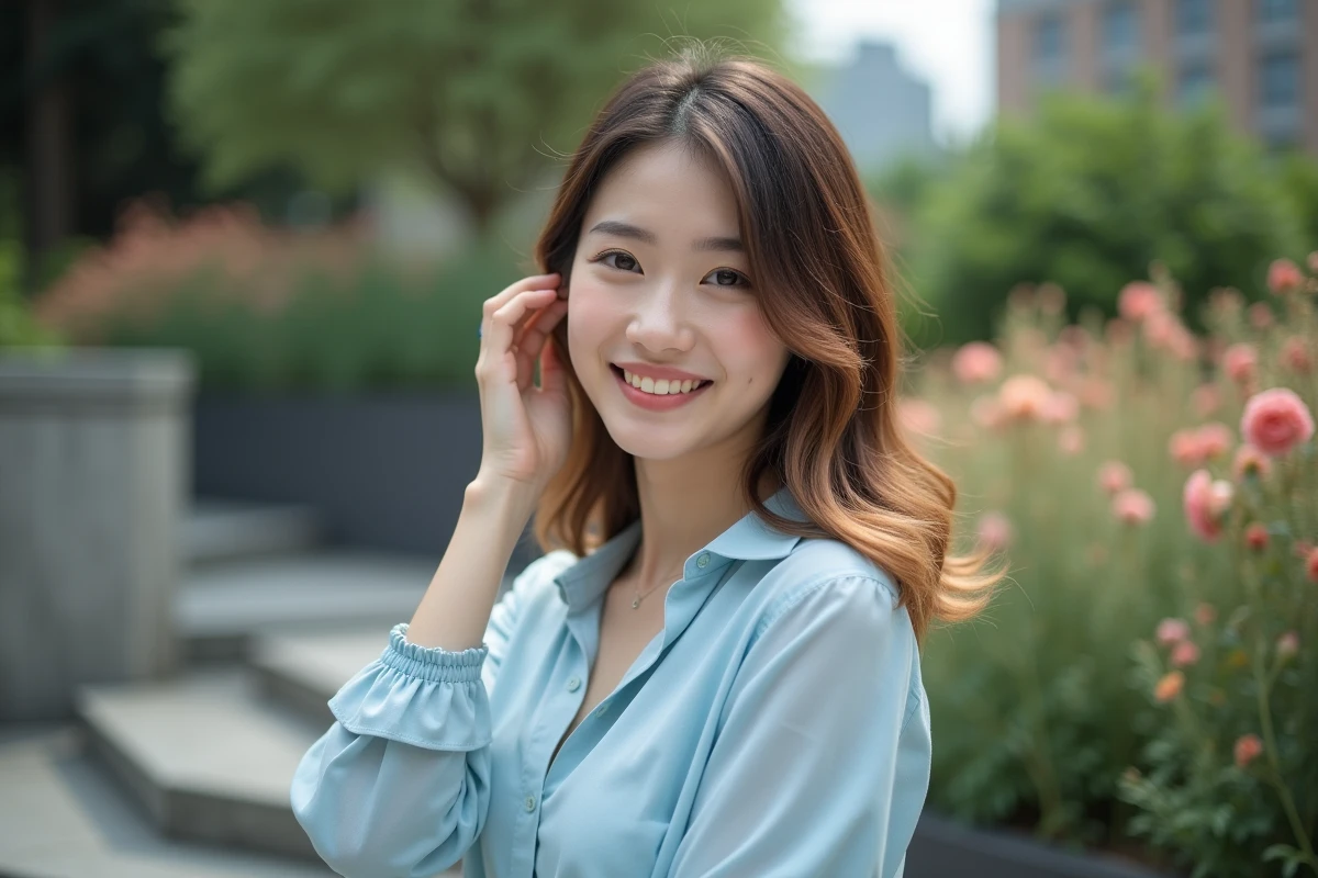Jeune femme dans un jardin urbain avec cheveux mis en valeur