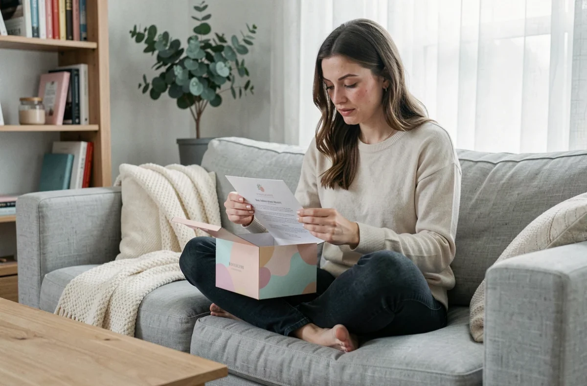 Jeune femme lisant la fiche produit de sa box beauté pour peau sensible dans un salon cosy