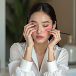 Jeune femme appliquant du blush dans un intérieur moderne