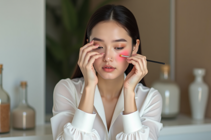 Jeune femme appliquant du blush dans un intérieur moderne