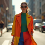 Jeune femme élégante marchant dans la ville en tenue colorée 2025