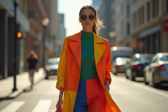 Jeune femme élégante marchant dans la ville en tenue colorée 2025