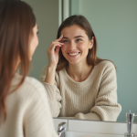 Jeune femme regardant son reflet en inspectant ses sourcils