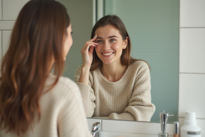 Jeune femme regardant son reflet en inspectant ses sourcils