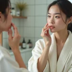 Jeune femme appliquant un serum dans sa salle de bain