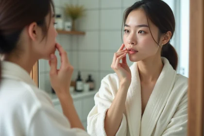 Jeune femme appliquant un serum dans sa salle de bain
