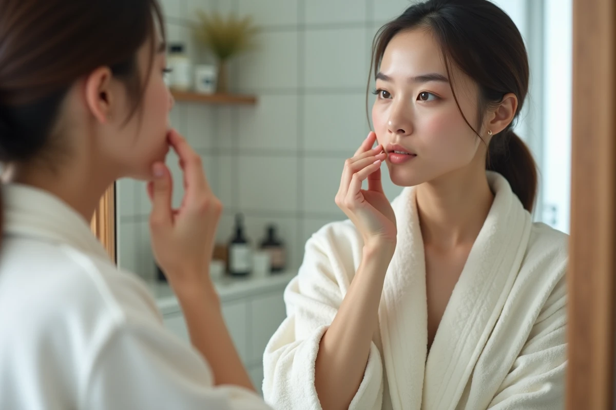 Jeune femme appliquant un serum dans sa salle de bain