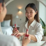 Jeune femme testant des rouges à lèvres dans un miroir