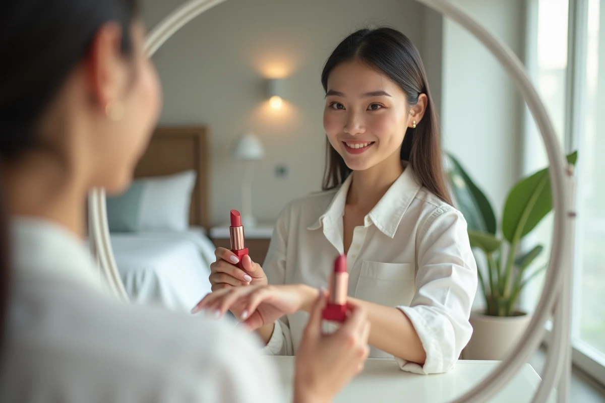 Jeune femme testant des rouges à lèvres dans un miroir