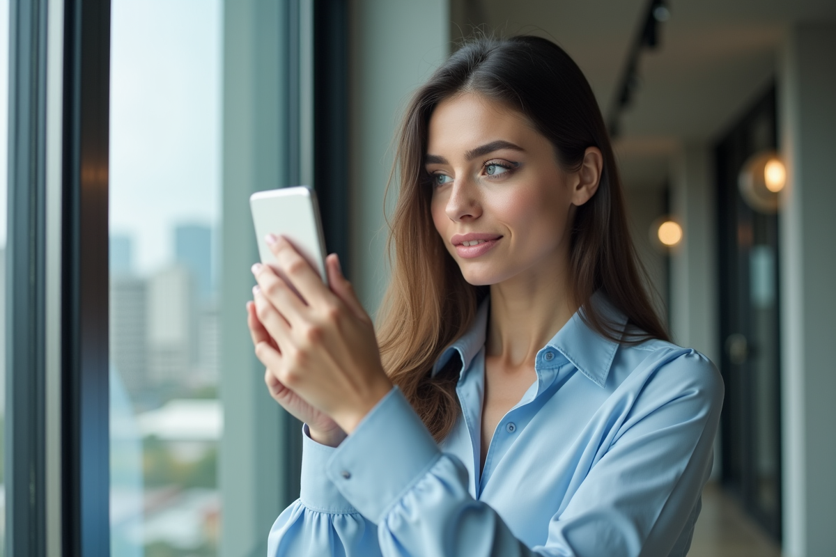 Jeune femme regardant dans un miroir en milieu urbain lumineux