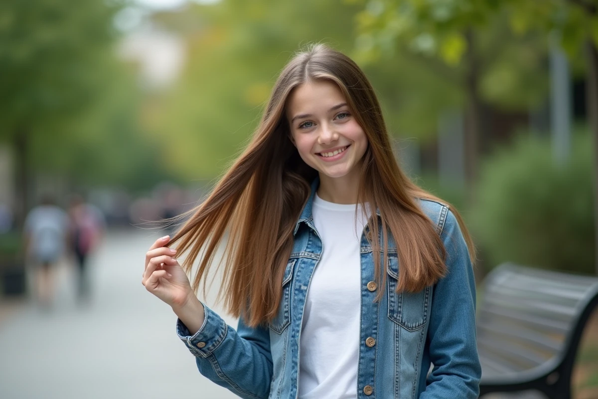 Jeune fille avec cheveux longs et décontractés dans un parc urbain