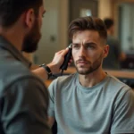Jeune homme en salon de coiffure regardant son reflet