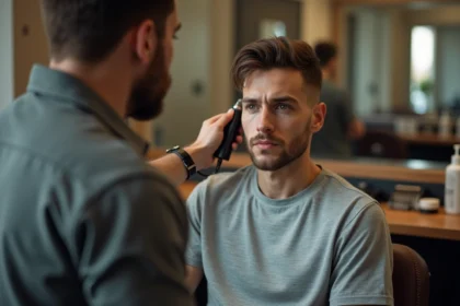 Jeune homme en salon de coiffure regardant son reflet