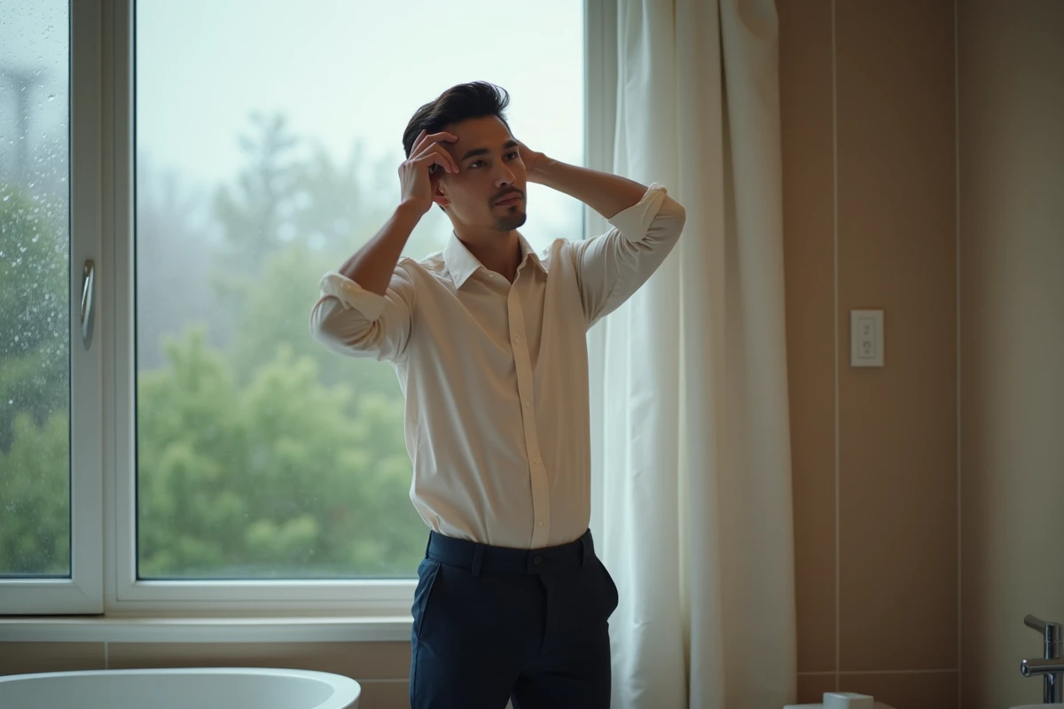 Jeune homme appliquant spray dans sa salle de bain moderne