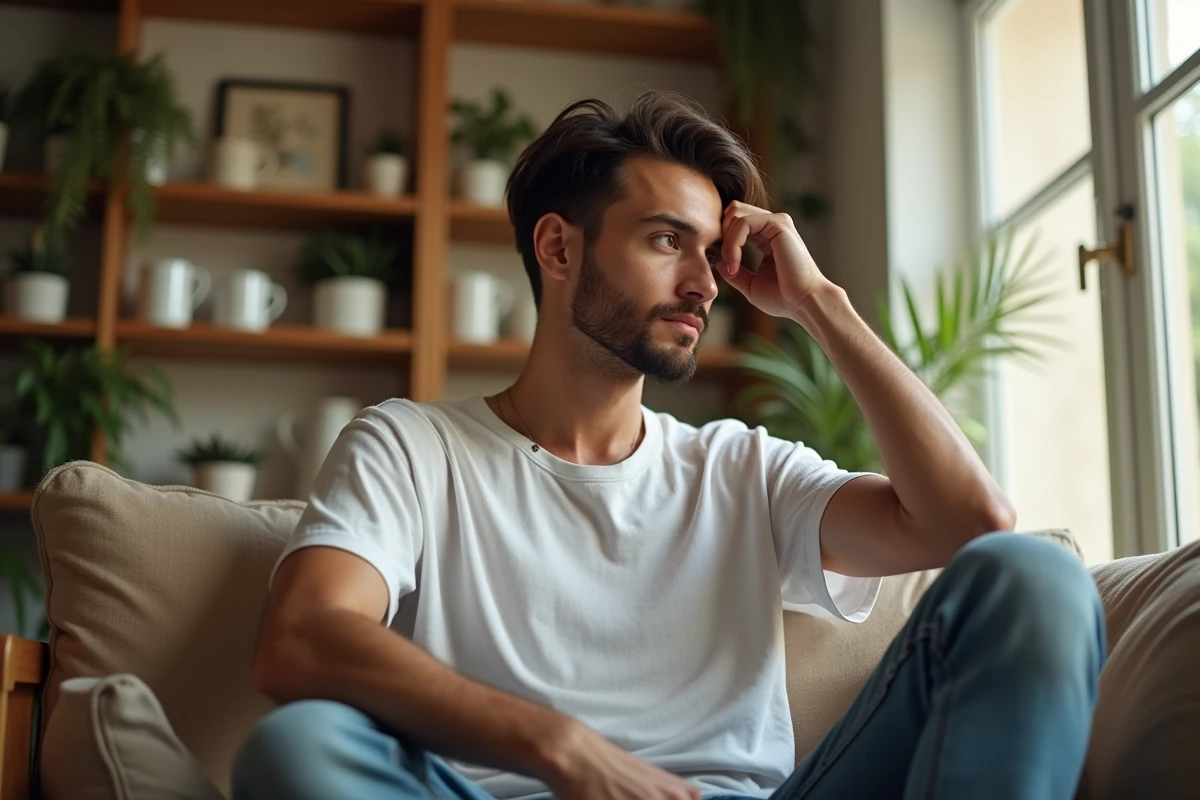 Jeune homme touchant ses cheveux hennés dans un salon lumineux