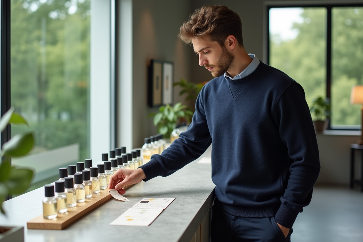 Jeune homme explorant des flacons de parfum dans un laboratoire moderne