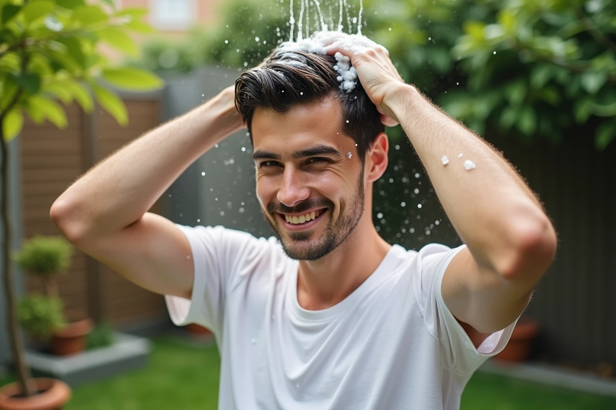 Jeune homme lavant ses cheveux dans un jardin naturel