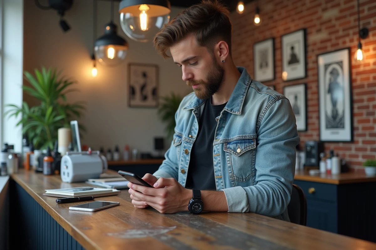 Jeune homme vérifiant prix tatouage dans un studio créatif