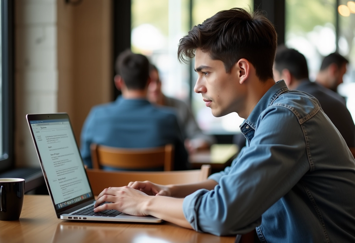Jeune homme travaillant sur un ordinateur dans un café lumineux