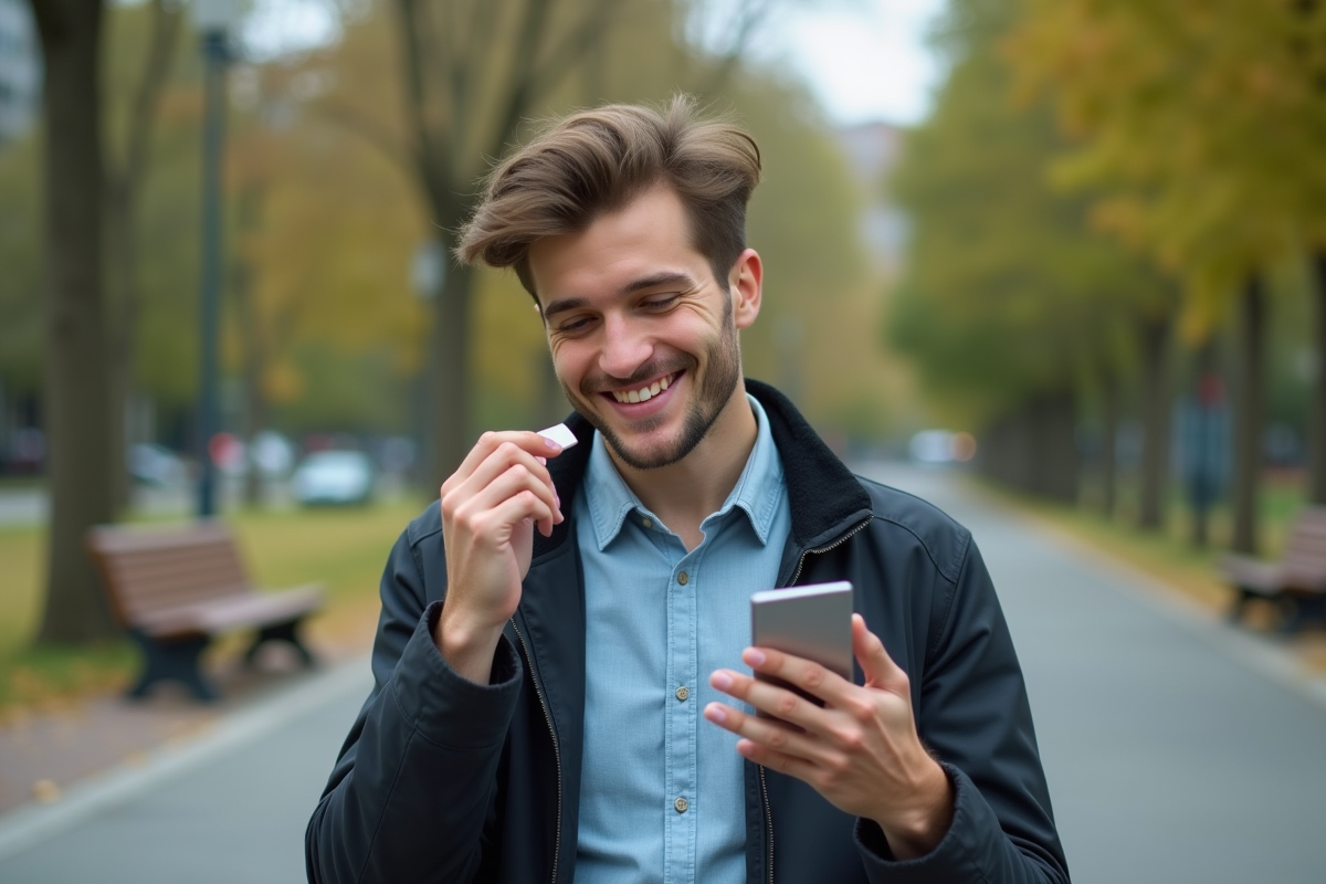 Jeune homme se maquillant en extérieur dans un parc urbain