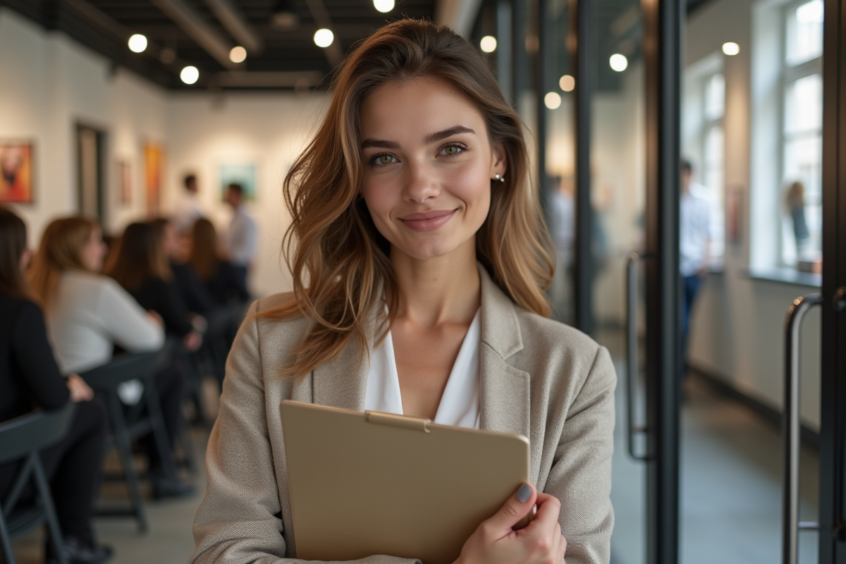 Jeune femme confiante avec portfolio dans une agence parisienne