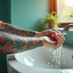 Personne lavant doucement son tatouage japonais coloré dans une salle de bain lumineuse