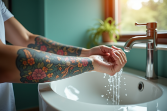 Personne lavant doucement son tatouage japonais coloré dans une salle de bain lumineuse